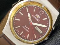 USED JAPAN ORIENT AUTOMATIC 46943 MENS DAY&DATE RED COLOR DIAL WATCH A431480-2 R107-a431480