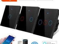 Стандарт ЕС Tuya Smart Life WIFI Настенный переключатель 1/2/3 банды 1 полоса 220 В Стеклянная панель Сенсорный переключатель Голосовое управление Интеллектуальный переключатель работает с Alexa Google Home 3 Gang чёрный