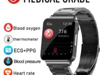 2024 Smartwatch Мониторинг крови артериальное давление температура тела Смарт-часы для мужчин и женщин часы фитнес-трекер SmartWatch Men+Box silicon чёрный